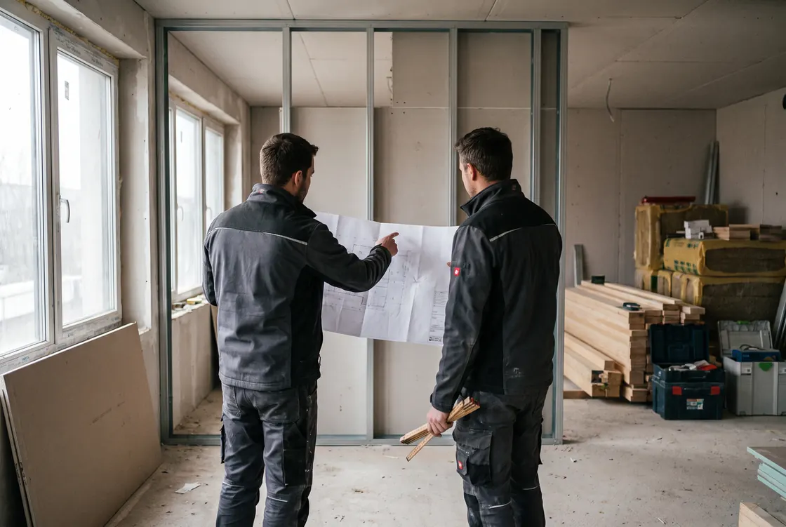 Zwei Handwerker besprechen einen Grundriss vor einer Trockenbauwand auf der Baustelle