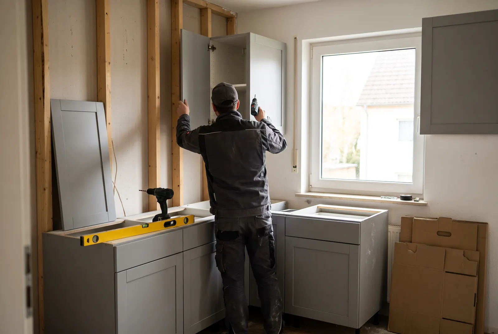 Küchenmontage: Handwerker richtet einen Hängeschrank aus, Unterschränke stehen bereits