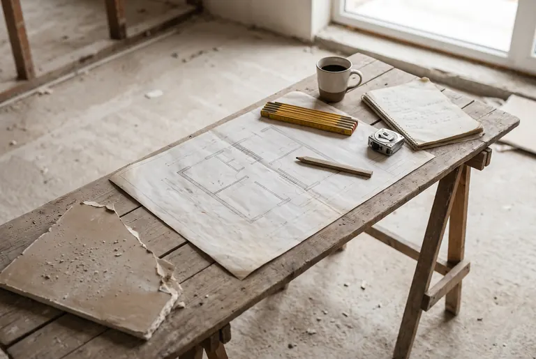 Montageleitung: Grundriss, Zollstock, Bleistift und Notizbuch auf einem Arbeitstisch auf der Baustelle